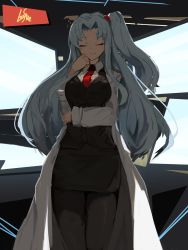 Rule 34 | 1girl, angela (project moon), black pantyhose, black skirt, black vest, blouse, blue hair, closed eyes, collared shirt, commentary, commentary request, english commentary, highres, lab coat, lansane, legs together, lobotomy corporation, long hair, long sleeves, necktie, one side up, pantyhose, pencil skirt, project moon, red necktie, shirt, signature, skirt, smile, solo, standing, vest, white shirt, wing collar