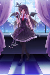 Rule 34 | 1girl, bad id, bad pixiv id, bat wings, brown hair, curtains, dress, frills, glass, gloves, hairband, long hair, markings, mary janes, moon, necktie, pantyhose, purple hair, ratise, red eyes, shoes, sion flina, smile, solo, sword girls, tattoo, window, wings