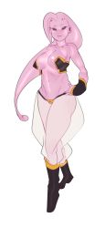 Rule 34 | 1girl, ahoge, ankle boots, black sclera, boots, breasts, colored sclera, colored skin, dragon ball, dragon ball xenoverse, dragonball z, female focus, female majin, full body, harem pants, highres, impossible clothes, john doe, large breasts, long hair, majin (race), pants, pink hair, pink skin, see-through, sideboob, sketch, solo