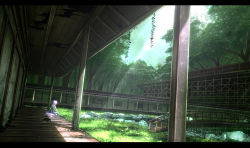Rule 34 | 1girl, architecture, axe, battle axe, blue sky, bridge, day, dress, east asian architecture, forest, haru (ryosios), letterboxed, long hair, nature, original, overgrown, pond, post-apocalypse, ruins, ryosios, scenery, shrine, silver hair, sitting, sky, solo, sunlight, veranda, very long hair, weapon, white dress
