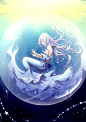 Rule 34 | 1girl, bare shoulders, blue eyes, blush, bubble, from side, highres, in bubble, long hair, looking away, miracle nikki, parted lips, silver hair, smile, solo, xing muhen