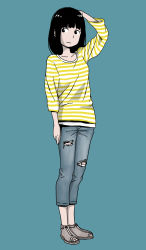 Rule 34 | 1girl, arm at side, black hair, blue background, blunt bangs, capri pants, collarbone, denim, frown, full body, hand on head, highres, hosoo, jeans, looking to the side, original, pants, sandals, shirt, simple background, solo, striped clothes, striped shirt, torn clothes, torn jeans, torn pants, yellow shirt