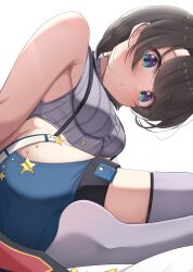 Rule 34 | 1girl, armpit crease, belt, blue shorts, brown hair, closed mouth, commentary, cropped shirt, foreshortening, grey shirt, grey thighhighs, hashira 14, head tilt, highres, hololive, impossible clothes, impossible shirt, looking at viewer, no shoes, official alternate costume, oozora subaru, oozora subaru (work), parted bangs, shadow, shirt, short hair, shorts, simple background, skindentation, sleeveless, sleeveless shirt, solo, suspender shorts, suspenders, swept bangs, symbol-only commentary, thighhighs, thighs, virtual youtuber, white background, white belt