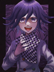 Rule 34 | 1boy, :d, black border, black scarf, blush, border, buttons, checkered clothes, checkered neckwear, checkered scarf, commentary request, danganronpa (series), danganronpa v3: killing harmony, double-breasted, flipped hair, grey jacket, hair between eyes, hand up, highres, iwashi (kamekazusa), jacket, long sleeves, looking at viewer, open mouth, oma kokichi, purple background, purple eyes, purple hair, scarf, smile, solo, teeth, upper body, upper teeth only, white scarf