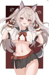 Rule 34 | 1girl, azur lane, belt, black skirt, braid, breasts, claw pose, cowboy shot, crop top, crop top overhang, dog tail, fang, fingerless gloves, gloves, grey hair, hands up, highres, large breasts, long hair, looking at viewer, mechanical ears, midriff, miniskirt, navel, neck ribbon, no bra, open mouth, pleated skirt, red eyes, ribbon, sailor collar, school uniform, serafuku, shirt, short sleeves, side slit, skirt, slit pupils, smile, solo, standing, stomach, tail, tattoo, thick eyebrows, thighs, two side up, underboob, white shirt, wrist belt, yuudachi (azur lane), zerosama (sailuojiang)