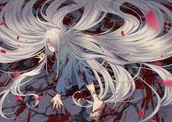 Rule 34 | 1boy, absurdres, blood, blood on clothes, blood on face, blood on ground, blood on hands, blood on leg, blue kimono, blurry, depth of field, falling petals, from above, gegege no kitarou, geta, grey hair, hair over one eye, hands on ground, highres, ipponmatsu, japanese clothes, kimono, kitarou tanjou: gegege no nazo, long hair, long sleeves, looking at viewer, male focus, medama oyaji, medama oyaji (human), motion blur, on one knee, one eye covered, petals, very long hair