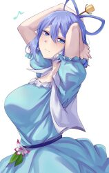 Rule 34 | 1girl, arms up, blue dress, blue eyes, blue hair, blush, breasts, closed mouth, commentary request, cowboy shot, double-parted bangs, dress, hair between eyes, hair ornament, hair rings, hair stick, half-closed eyes, highres, kaku seiga, large breasts, light smile, looking at viewer, mirufui, musical note, puffy short sleeves, puffy sleeves, short hair, short sleeves, simple background, solo, touhou, vest, white background, white vest