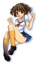 Rule 34 | 1girl, aihara nana, ascot, brown hair, clenched hands, full body, grey eyes, hands up, kimi kiss, knees up, loafers, looking at viewer, sailor collar, school uniform, serafuku, shoes, short sleeves, short twintails, simple background, smile, solo, thighs, twintails, white background