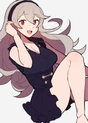 Rule 34 | 1girl, bare shoulders, black dress, black hairband, blush, breasts, cleavage, corrin (female) (fire emblem), corrin (fire emblem), do m kaeru, dress, female focus, fire emblem, fire emblem fates, frilled dress, frills, grey background, grey hair, hair between eyes, hairband, large breasts, long hair, looking at viewer, nintendo, open mouth, pointy ears, red eyes, simple background, sleeveless, sleeveless dress, smile, solo, thighs, wavy hair