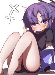 Rule 34 | 1girl, absurdres, bare legs, blue archive, blush, buruma, female focus, halo, highres, hourglass 02, jacket, looking at viewer, parted bangs, ponytail, purple eyes, purple hair, purple jacket, shirt, simple background, slit pupils, solo, star sticker, sticker on face, sweatdrop, t-shirt, thighs, white background, yuuka (blue archive)