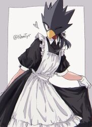 Rule 34 | 1boy, alternate costume, alternate hairstyle, animal head, apron, arm at side, beak, bird boy, black dress, black hair, boku no hero academia, border, collared dress, commentary request, crossdressing, dress, enmaided, frilled apron, frills, gloves, grey border, heart, looking at viewer, maid, maid apron, male focus, nbmtyr, one eye closed, outside border, ponytail, puffy short sleeves, puffy sleeves, red eyes, short sleeves, simple background, skirt hold, solo, standing, tokoyami fumikage, twitter username, white apron, white background, white gloves