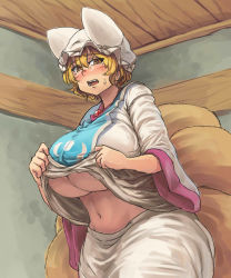 Rule 34 | 1girl, blonde hair, blush, breasts, brown eyes, chanta (ayatakaoisii), clothes lift, fang, fox tail, highres, huge breasts, lifting own clothes, looking at viewer, midriff, multiple tails, navel, open mouth, shirt lift, short hair, solo, tail, thick thighs, thighs, touhou, underboob, yakumo ran