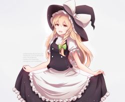 Rule 34 | 1girl, :d, apron, ardenlolo, black hat, black vest, blonde hair, blush, bow, braid, breasts, commentary, cowboy shot, english commentary, frilled apron, frills, green bow, grey background, hair between eyes, hair bow, hat, hat bow, kirisame marisa, long hair, looking at viewer, open mouth, petticoat, pixiv username, puffy short sleeves, puffy sleeves, shirt, short sleeves, simple background, single braid, skirt hold, small breasts, smile, solo, standing, touhou, vest, waist apron, white apron, white bow, white shirt, witch hat, yellow eyes