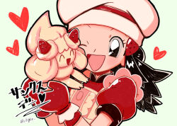 Rule 34 | 1girl, alcremie, alcremie (strawberry sweet), apron, commentary request, creatures (company), dawn (palentine&#039;s 2021) (pokemon), dawn (pokemon), food-themed hair ornament, game freak, gen 8 pokemon, hair ornament, heart, holding, holding pokemon, mittens, nintendo, official alternate costume, one eye closed, pink apron, pink headwear, pokemon, pokemon (creature), pokemon masters ex, red mittens, smile, strawberry hair ornament, tora (ctiger), twitter username, upper body