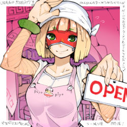 Rule 34 | 1girl, 2018, alternate costume, apron, arm up, arms (game), bandana, blonde hair, blunt bangs, bracelet, collarbone, domino mask, green eyes, hand to head, holding, jewelry, mask, min min (arms), nintendo, open sign, pink background, salute, smile, solo, table, takayama toshinori, upper body, waving