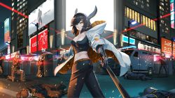 Rule 34 | 1girl, 6+boys, absurdres, aiming, ballistic shield, black hair, breasts, building, bullpup, cityscape, cleavage, collarbone, commentary, crop top, cyberpunk, cyberpunk (series), cyberpunk 2077, english commentary, gun, headphones, helmet, highres, holding, holding gun, holding sword, holding weapon, hood, hood down, hooded jacket, jacket, laser, laser pointer projection, laser sight, looking back, malharmonics, mechanical arms, medium breasts, motor vehicle, multiple boys, open clothes, open jacket, orange eyes, pale skin, police, police uniform, policeman, prosthesis, prosthetic arm, riot shield, shield, short hair, skyscraper, sleeves rolled up, smirk, solo focus, surrounded, sword, truck, uniform, weapon, wireless
