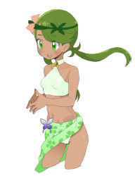 Rule 34 | 1girl, blush, breasts, butterfly ornament, choker, cowboy shot, creatures (company), dark-skinned female, dark skin, fingers together, flower, game freak, gluteal fold, green eyes, green hair, hair flower, hair ornament, halterneck, headband, long hair, mallow (pokemon), midriff, navel, nintendo, ookamiuo, pokemon, pokemon sm, ponytail, sarong, simple background, small breasts, smile, solo, swimsuit, white background