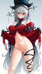 Rule 34 | 1girl, absurdres, arknights, bare shoulders, blush, cleft of venus, closed mouth, clothes lift, detached sleeves, gradient background, grey background, grey hair, hair between eyes, hair ornament, hat, highres, long hair, long sleeves, looking at viewer, navel, no panties, official alternate costume, pussy, red eyes, skadi (arknights), solo, uncensored, very long hair, white background, z.taiga