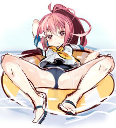 Rule 34 | 10s, 1girl, arm up, blush, dress, i-168 (kancolle), innertube, kantai collection, looking at viewer, neckerchief, nochita shin, one-piece swimsuit, pink dress, pink hair, ponytail, sandals, school uniform, serafuku, sketch, solo, swim ring, swimsuit, swimsuit under clothes