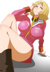 Rule 34 | 1girl, bad id, bad pixiv id, blonde hair, blue eyes, boots, breasts, curvy, gundam, highres, impossible clothes, impossible shirt, large breasts, military, military uniform, mobile suit gundam, sakamoto (shouten), sakamoto shouten, sayla mass, shirt, short hair, solo, thighs, uniform