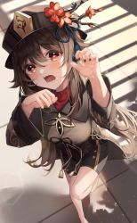 Rule 34 | 1girl, black nails, blush, breasts, brown hair, brown hat, brown shirt, brown shorts, chinese clothes, claw pose, commentary request, fingernails, flower, foot out of frame, from above, genshin impact, hair between eyes, hands up, hat, hat flower, highres, hu tao (genshin impact), long hair, long sleeves, lower teeth only, medium breasts, nail polish, open mouth, pray (furei), red eyes, red flower, shirt, short shorts, shorts, solo, standing, standing on one leg, star-shaped pupils, star (symbol), symbol-shaped pupils, tassel, teeth, twintails, very long hair, wide sleeves