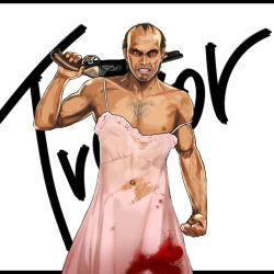 Rule 34 | 1boy, blood, camisole, character name, clenched hand, clenched teeth, crossdressing, dress, ebba, english text, grand theft auto, grand theft auto v, gun, holding, holding gun, holding weapon, looking at viewer, male focus, manly, navel, nipples, off shoulder, open mouth, red eyes, rockstar, shotgun, simple background, solo, spaghetti strap, tattoo, teeth, text focus, torn clothes, trevor philips, trigger discipline, weapon, white background
