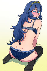 Rule 34 | 1girl, akairiot, artist name, ass, between legs, black hair, black thighhighs, blue bra, blue eyes, blue hair, blue panties, blush, body blush, bra, buckle, closed mouth, dimples of venus, female focus, fire emblem, fire emblem awakening, from behind, frown, full-face blush, full body, gradient background, green background, hair between eyes, hand between legs, highres, long hair, looking at viewer, looking back, lucina (fire emblem), matching hair/eyes, nintendo, panties, seiza, signature, simple background, sitting, soles, solo, thighhighs, tiara, tsurime, underwear, underwear only, very long hair, wariza, yellow background