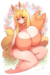 Rule 34 | 1girl, :o, animal ear fluff, animal ears, bare legs, blonde hair, blush, borrowed character, bottomless, breasts, breasts on lap, cleavage, commission, flower, fox ears, fox girl, fox tail, full body, gigantic breasts, highres, long hair, looking at viewer, meme attire, open-chest sweater, original, red eyes, sitting, skeb commission, sleeveless, sleeveless sweater, solo, sweater, tail, turtleneck, turtleneck sweater, very long hair, wotecho, yuzuno (futon)
