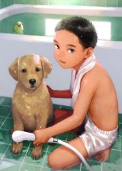 Rule 34 | 1boy, :s, animal, b gent, bare legs, barefoot, bathroom, bathtub, black eyes, black hair, dog, forehead, from side, full body, highres, holding, looking at viewer, looking to the side, male focus, male underwear, navel, open mouth, original, pet, puddle, reflection, rubber duck, topless male, shower head, solo, squatting, towel, towel around neck, underwear, underwear only, water, water drop, wet