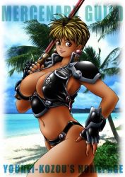 Rule 34 | 1girl, armor, artist name, beach, bikini, bikini armor, blue sky, breasts, cleavage cutout, clothing cutout, cloud, coconut tree, dark-skinned female, dark skin, earrings, fingerless gloves, gloves, jewelry, jolly roger, large breasts, looking at viewer, ocean, outdoors, palm tree, phaia, photo background, revealing clothes, short hair, skull and crossbones, skull and crossed swords, sky, smile, solo, spunky knight, swimsuit, sword, tree, weapon, youhei kozou