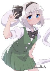 Rule 34 | 1girl, black bow, black bowtie, black hairband, blue eyes, bow, bowtie, closed mouth, commentary, ghost, green vest, grey hair, hairband, highres, konpaku youmu, konpaku youmu (ghost), looking at viewer, rital, short sleeves, simple background, smile, solo, touhou, twitter username, vest, w, white background