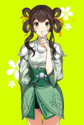 Rule 34 | 1girl, bad id, bad pixiv id, blush, brown eyes, brown hair, closed mouth, finger to mouth, floral background, green background, green skirt, hair rings, hand up, long hair, long sleeves, looking at viewer, puchipu, renzha fanpai zijiu xitong, shirt, shushing, sidelocks, simple background, skirt, smile, solo, standing, white shirt, wide sleeves