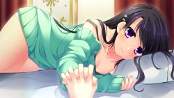Rule 34 | 1boy, 1girl, bed, blush, brother and sister, chuablesoft, game cg, holding hands, hetero, highres, kunai uri, legs, long hair, looking at viewer, lying, noblesse of rouge, on side, oohinata rui, oohinata toshiya, pillow, purple eyes, purple hair, siblings, smile, sweater, thighs