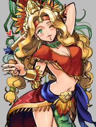 Rule 34 | 1girl, aono shimo, aztec, bad id, bad pixiv id, blonde hair, bracer, breasts, cape, cleavage, cowboy shot, curly hair, earrings, fate/grand order, fate (series), green eyes, headband, headdress, heart, highres, jewelry, long hair, looking at viewer, medium breasts, midriff, navel, one eye closed, quetzalcoatl (fate), skirt, smile, solo