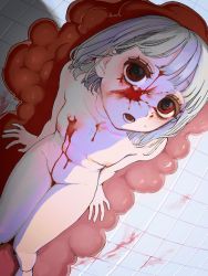 Rule 34 | 1girl, absurdres, bags under eyes, blood, blood on face, breasts, collarbone, colored eyelashes, eyelashes, female focus, fisheye, from above, grey hair, guro, highres, injury, knees together feet apart, looking at viewer, medium hair, navel, nipples, nude, numata zombie, open mouth, original, petite, red eyes, sitting, skinny, small breasts, solo, teeth, tile floor, tiles
