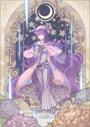 Rule 34 | 1girl, art nouveau, book, capelet, crescent, dress, female focus, flower, gloves, hat, highres, holding, holding book, hydrangea, long hair, looking at viewer, madyy, magic circle, patchouli knowledge, purple eyes, purple hair, solo, star (symbol), striped clothes, striped dress, touhou, vertical stripes, white gloves