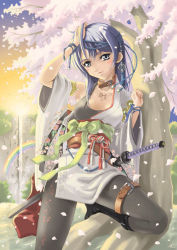 Rule 34 | blue hair, cherry blossoms, japanese clothes, pantyhose, solo, sword, weapon, yuu (yuyukaikan)