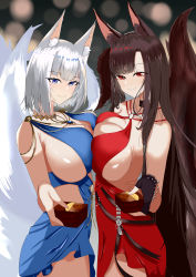 Rule 34 | 2girls, absurdres, akagi (azur lane), akagi (ruby-laced beauty) (azur lane), animal ear fluff, animal ears, artist request, azur lane, bare shoulders, black gloves, blue dress, blue eyes, breast press, breasts, brown hair, brown tail, cleavage, clothing cutout, dress, evening gown, eyeliner, fox girl, gloves, halter dress, halterneck, highres, jewelry, kaga (azur lane), kaga (exalted white wings) (azur lane), kitsune, kyuubi, large breasts, large tail, long hair, looking at viewer, makeup, multiple girls, multiple tails, necklace, o-ring dress, partially fingerless gloves, red dress, red eyes, short hair, side cutout, sleeveless, sleeveless dress, symmetrical docking, tail, white hair, white tail
