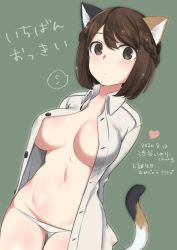 Rule 34 | 1girl, absurdres, animal ears, aohashi ame, arms behind back, birthday, blush, bob cut, braid, breasts, brown eyes, brown hair, calico, cat ears, cat tail, character name, closed mouth, collared shirt, commentary request, cow ears, cowboy shot, dated, flying sweatdrops, gluteal fold, green background, happy birthday, heart, highres, large breasts, light frown, looking at viewer, lowleg, lowleg panties, luminous witches, navel, no bra, no pants, open clothes, open mouth, open shirt, panties, shibuya inori, shirt, short hair, skindentation, solo, spoken flying sweatdrops, standing, tail, translated, underwear, white panties, world witches series