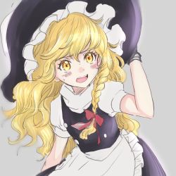 Rule 34 | 1girl, apron, black gloves, black hat, blonde hair, blush, bow, braid, commentary request, frilled apron, frills, gloves, grey background, hair between eyes, hair bow, hand on headwear, hand up, hat, highres, kirisame marisa, long hair, looking at viewer, open mouth, puffy short sleeves, puffy sleeves, red bow, rosette (roze-ko), short sleeves, simple background, single braid, solo, touhou, upper body, waist apron, wavy hair, white apron, witch hat, yellow eyes