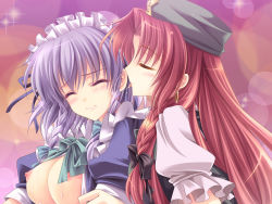 Rule 34 | 2girls, beret, blush, bow, braid, breasts, closed eyes, couple, ear licking, earrings, embodiment of scarlet devil, female focus, hair bow, hat, highres, hong meiling, hoop earrings, izayoi sakuya, jewelry, licking, long hair, maid headdress, monety, multiple girls, nipples, open clothes, profile, red hair, saliva, saliva trail, short hair, silver hair, simple background, sweat, touhou, twin braids, upper body, very long hair, yuri