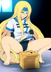 Rule 34 | 1girl, bag, barefoot, blonde hair, blue eyes, breasts, cameltoe, clothes lift, dress, dress lift, feet, fingerless gloves, gloves, greco roman (spiral brain), guilty gear, hairband, highres, large breasts, legs, long hair, looking down, lying, millia rage, panties, simple background, sitting, sitting on face, sitting on person, smile, spread legs, thighs, toes, underwear