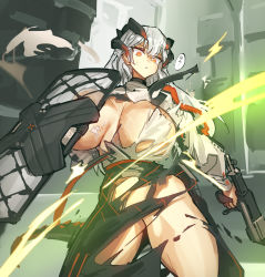 Rule 34 | 1girl, arknights, breasts, breasts apart, gun, hair between eyes, holding, holding gun, holding weapon, horns, huge breasts, long hair, looking down, melon22, no bra, no panties, orange eyes, saria (arknights), shield, shirt, skirt, speech bubble, standing, sweat, thick thighs, thighs, torn clothes, torn shirt, torn skirt, weapon, white hair