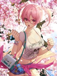 Rule 34 | 1girl, bag, blue shorts, bracelet, breasts, charm (object), cherry blossoms, cleavage, clenched hands, clothes around waist, collarbone, cowboy shot, day, fingernails, flower, furyou michi ~gang road~, glasses, hair between eyes, hair flower, hair ornament, hands up, highres, jacket, jacket around waist, jewelry, large breasts, looking at viewer, midriff, nail polish, navel, osuk2, outdoors, petals, pink-framed eyewear, pink hair, pink jacket, pink lips, pink nails, shirt, short shorts, short sleeves, shorts, shoulder bag, solo, teeth, tongue, two side up, white shirt