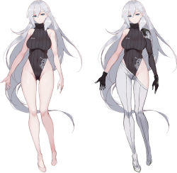 Rule 34 | 1girl, arms at sides, bare arms, bare legs, bare shoulders, black gloves, black leotard, blue eyes, braid, breasts, closed mouth, covered navel, french braid, girls&#039; frontline, gloves, gluteal fold, grey hair, grey pants, hair between eyes, head tilt, highleg, highleg leotard, highres, ksvk (girls&#039; frontline), large breasts, leotard, long hair, looking at viewer, mole, mole on pussy, multiple views, pandea work, pants, ribbed leotard, simple background, very long hair, white background