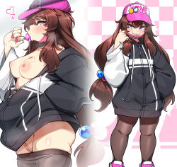 Rule 34 | 1girl, absurdres, ass, bare shoulders, baseball cap, black hoodie, blush, breasts, brown hair, brown leggings, brown pantyhose, candy, checkered background, cleft of venus, closed mouth, clothes pull, collarbone, cowboy shot, curvy, daughter (konoshige), fellatio, food, food in mouth, freckles, from side, hand in pocket, hat, heart, highres, holding, holding food, hood, hood down, hoodie, konoshige (ryuun), leggings, leggings pull, lollipop, long hair, long sleeves, looking at viewer, low twintails, mask, mask pull, medium breasts, mouth mask, multiple views, nail polish, nipples, no bra, no panties, off shoulder, oral, original, pantyhose, pantyhose pull, partially unzipped, pink hat, pink nails, popsicle, popsicle in mouth, popsicle stick, purple eyes, pussy, sexually suggestive, shiny skin, shoes, simulated fellatio, small breasts, smile, smug, sneakers, solo, standing, surgical mask, twintails, two-tone hoodie, uncensored, very long hair, zipper