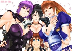Rule 34 | 2boys, 3girls, :d, age difference, ayane (doa), between breasts, black hair, blue eyes, breast rest, breasts, breasts on head, brown eyes, brown hair, cherry blossoms, choker, cleavage, collarbone, controller, dead or alive, dualshock, frown, game console, game controller, gamepad, hands on shoulders, huge breasts, kasumi (doa), large breasts, long hair, looking at viewer, momiji (ninja gaiden), multiple boys, multiple girls, ninja, ninja gaiden, ninja gaiden: dragon sword, open mouth, pelvic curtain, playstation controller, ponytail, purple hair, red eyes, ryu hayabusa, sanji (ninja gaiden), short hair, simple background, smile, tecmo, teeth, trait connection, xbox 360, zonda (solid air)