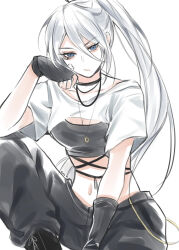 Rule 34 | 1girl, a2 (nier:automata), alternate hairstyle, black choker, black gloves, black pants, blue eyes, breasts, choker, cleavage, closed mouth, collarbone, commentary, cropped shirt, english commentary, fingerless gloves, gloves, hair between eyes, highres, hora k, invisible chair, jewelry, long hair, looking at viewer, medium breasts, midriff, mole, mole under mouth, navel, necklace, nier:automata, nier (series), pants, ponytail, sidelocks, simple background, sitting, solo, white background, white hair