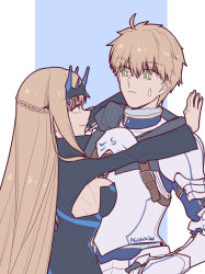 Rule 34 | 1boy, 1girl, against wall, ahoge, armor, arthur pendragon (fate), black dress, blonde hair, braid, breasts, brother and sister, cleavage, closed mouth, crown, dress, fate/apocrypha, fate/grand order, fate/prototype, fate (series), french braid, green eyes, hair between eyes, hand on another&#039;s back, hood, kabedon, liangchanxingmingrixiang, long hair, looking at another, medium breasts, morgan le fay (fate), siblings, signature, simple background, smile, very long hair