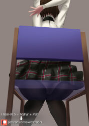 Rule 34 | 1girl, ass, brown hair, chair, excaliblader, niijima makoto, pantyhose, persona, persona 5, short hair, skirt